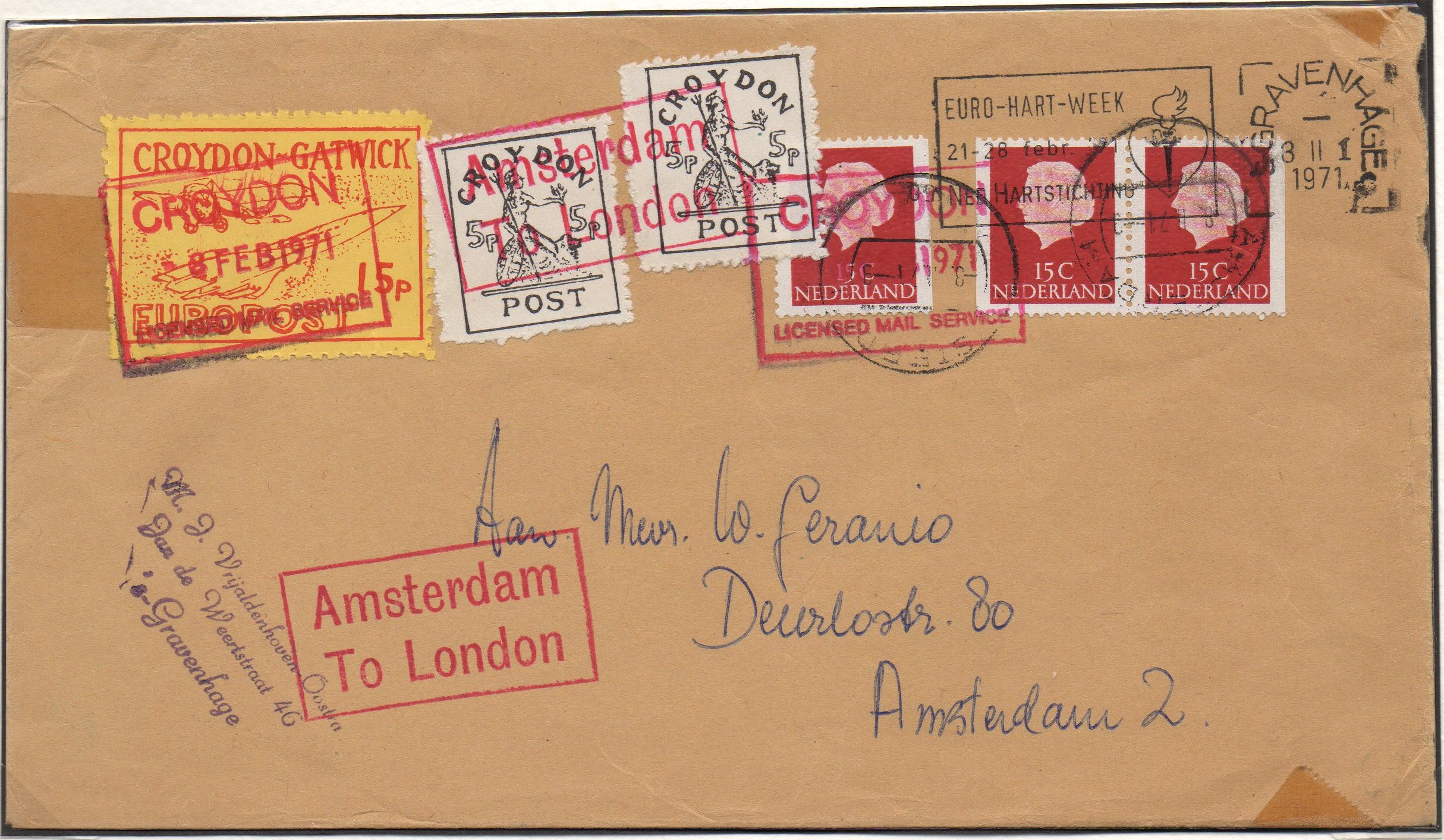 1971 Croydon Gatwick Strike Post cover with multiple CGP franking, Feb 8th 1971 commercial mail